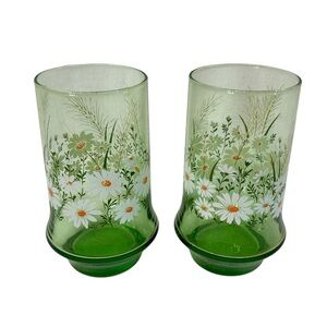 (2) Vintage 70’s MCM Libbey Daisy Wheat Drinking Glass Green Smokey 16oz